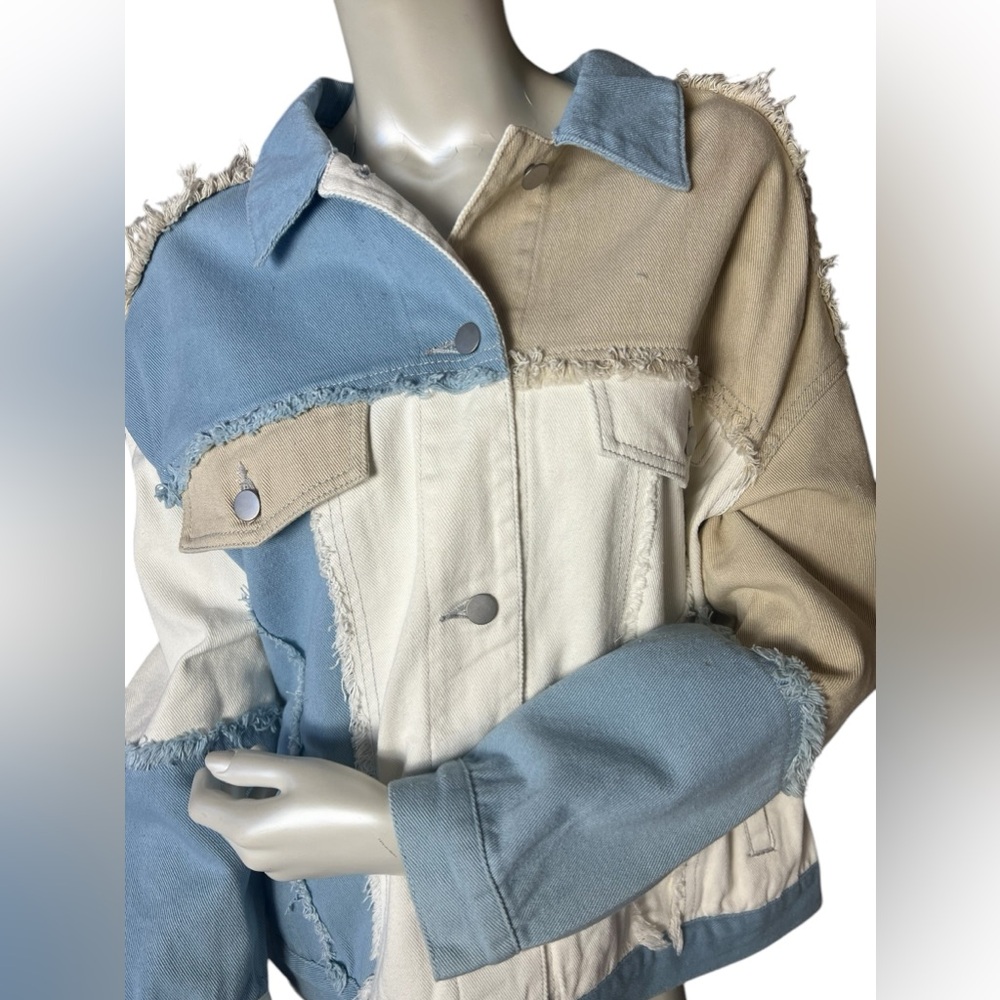 POL brand Blue Tan Cream Denim Distressed Long Sleeve Jacket New - Picture 2 of 6